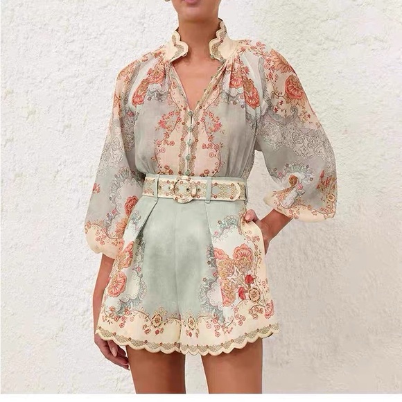 Designer-style Daylight Blouse and Shorts Set - Light Blue and Cream - Picture 8 of 16